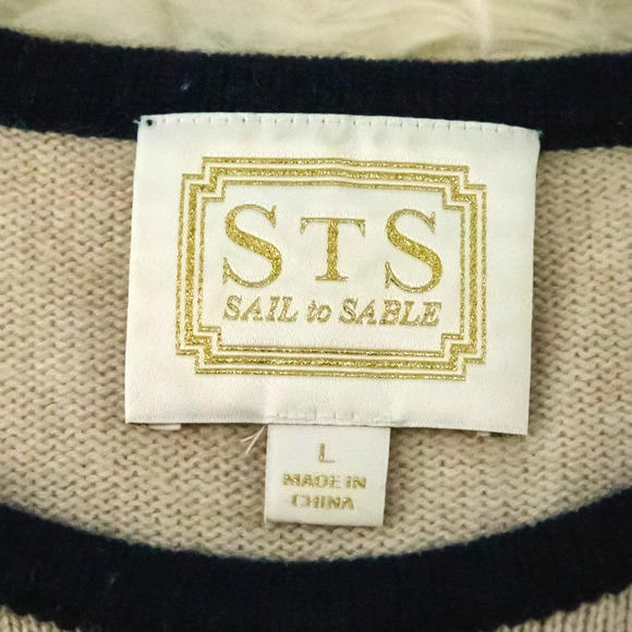 Sail To Sable Size large L Tan Blue Stripe Nautical Print Wool Cashmere Sweater - Picture 4 of 6